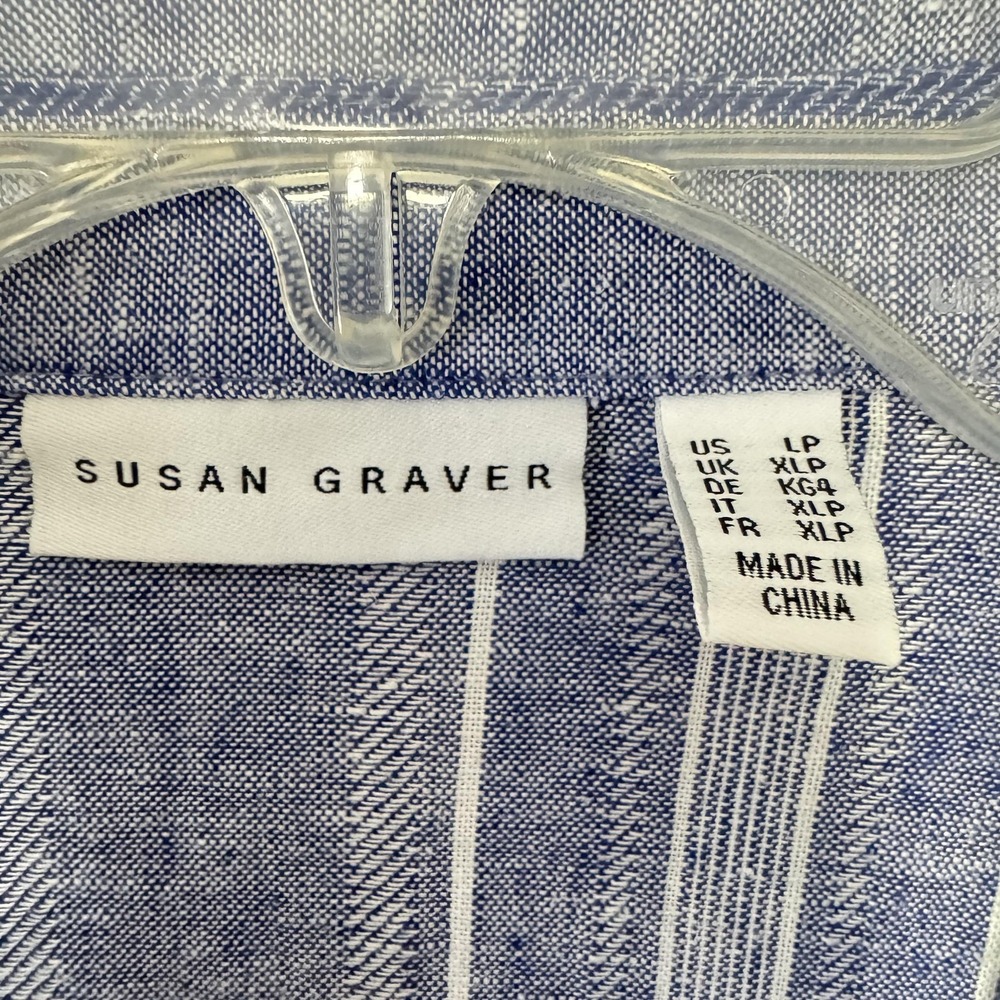 Susan Graver Shirt Womens Petite Large Blue Stripe Linen Button Long Sleeve - Picture 8 of 8